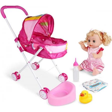 poppenwagen -ZINAPS® Set 4 Babydoll Foldable Pram Gift Set met Baby Doll Cartoon Print Ontwerp Baby Walker met Gift voor Poppen (Rainbow Car) Praktisch & Utilities