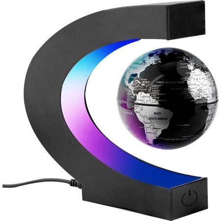 zwevende wereldbol - ZINAPS C-shape Magnetic Floating World Map, Globe with LED Display, Support, Rotating Earth, Home Decor, Office Decoration, Geography, Educational, Childrens Toy, Gift, Black