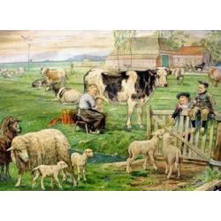 Denza - Diamond painting boerderij en weiland 40 x 50 cm volledige bedrukking ronde steentjes direct leverbaar - koe - koeien - schaap - schapen - geit - kinderen - vroeger - farm