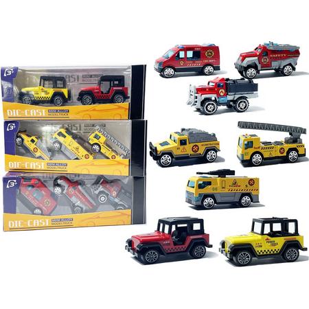 8x Speelgoed mini autos Cadeauset - 3 pack model autos Die Cast - mini alloy voertuigen - werkvoertuigen, brandweer autos , jeep
