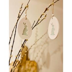 Paasversiering Hanged houten ei - Paasdecoratie - Pasen - Pasen decoratie - Paastak versiering - Paaseieren decoratie - Groen/ wit