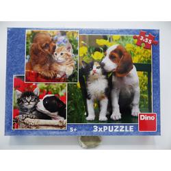 3 Puzzels van hond met kat, 3 x 55 stukjes. van Dinotoys.