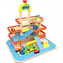   Houten Speelgoed   - Met Lift - Hout Parkeergarage - Set met autos en wasstraat