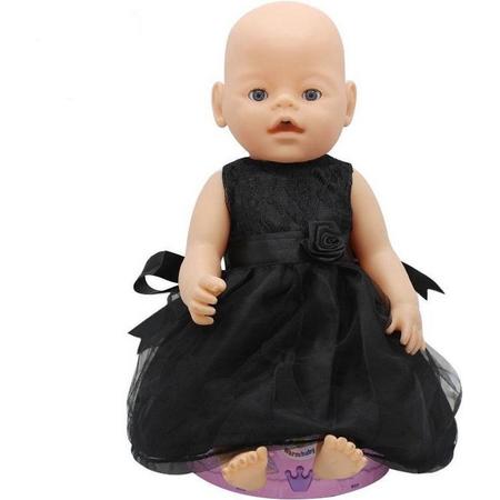Dolldreams - Poppenkleding - Zwart jurkje met kant en roos - Galajurk voor poppen met lengte tot 43 cm zoals Baby born
