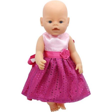 Dolldreams - Poppenkleertjes - Roze jurkje met pailletten en roosje - Jurk past op poppen met lengte van circa 43 cm, geschikt voor o.a. Baby Born