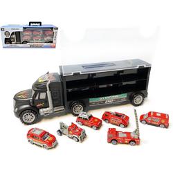 Brandweer vrachtwagen transporter truck - speelgoed mini brandweerautos - 6-delig set koffer - Oplegger voor 12 brandweerwagens - 39cm