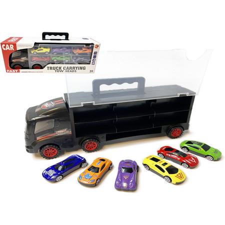 Vrachtwagen transporter truck - speelgoed mini autos - 6-delig set koffer - Oplegger voor 12 autos- 31cm