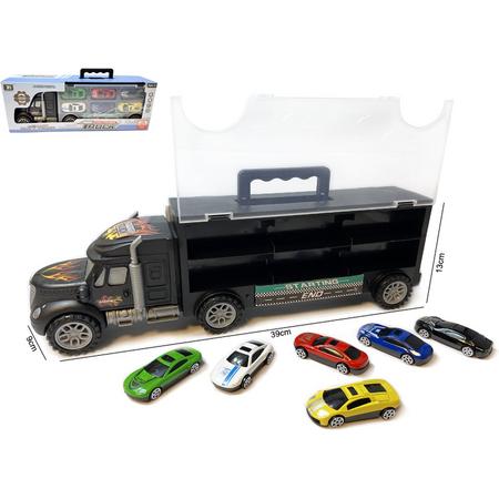 Vrachtwagen transporter truck - speelgoed mini autos - 6-delig set koffer - Oplegger voor 12 autos- 39CM