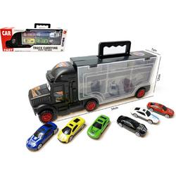 Vrachtwagen transporter truck - speelgoed mini autos - transporter 6-delig set koffer - Oplegger - 34CM