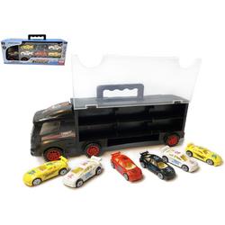 Vrachtwagen transporter truck - speelgoed mini autos - transporter 6-delig set koffer - Oplegger voor 12 autos- 30.5cm