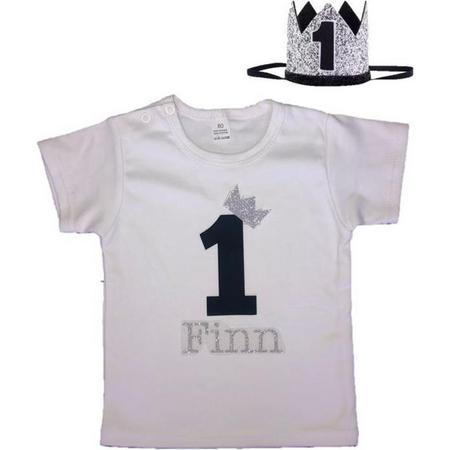 Verjaardagsshirt, shirt, eigen naam, 1 jaar, zwart/zilver, verjaardagskroon