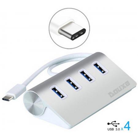 Douxe© - Aluminium USB C hub voor 4 USB 3.0 poorten – 5Gbps – Geschikt voor Windows, Linux en Mac OS - Zilver