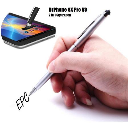 DrPhone - SX Pro V3 Universele 2 in 1 Stylus Pen Met Clip - Balpen - Schrijfpen Zwart - Geschikt voor Tablets en Smartphones - Universeel Zilver