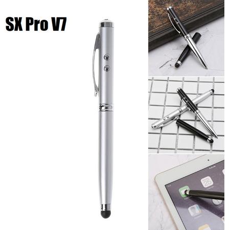 DrPhone - SX Pro V7 Universele Laser Stylus - 4 in 1 Stylus Pen - Balpen, Led lamp, Laserpointer, Stylus pen - Geschikt voor Tablets en Smartphones - Handig tijdens presentaties - Zilver