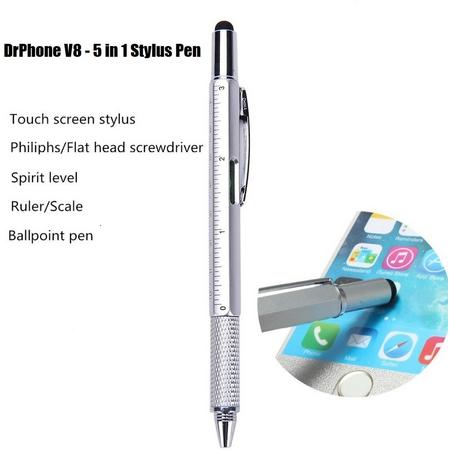 DrPhone - SX Pro V8 - 5 in 1 Stylus Pen - Balpen - Waterpas - Philips Schroevendraaier - Liniaal - Stylus Pen - Geschikt voor Tablets en Smartphones zoals Apple iPhone / Samsung Galaxy / iPad 2018 / Air / Samsung Tab 10.1 / 9.6 - Universeel - Zilver