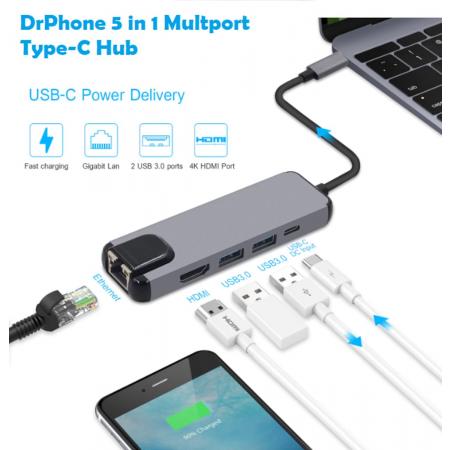 DrPhone 5 in 1 Multiport Type-C Hub – 1x Hdmi 4K - 1x Gigabit(1000M) Ethernet Rj45 LAN Adapter – 2 x USB 3.0 (5Gbp/s ) poorten & 1x USB C Power delivery poort - Thunderbolt 3 USB-C Charger poort – Grijs/Zilver
