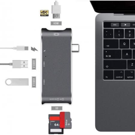 DrPhone 6-in-1 Type-C Hub - USB-C Thunderbolt3 (40 Gb) /USB-C(5 Gb) naar 4K HDMI, 2 USB 3.0-poorten/SD/Micro SD-kaartlezer & USB-C Power Delivery(PD-opladen) – Space Gray