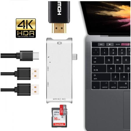 DrPhone 6-in-1 Type-C Hub - USB-C Thunderbolt3 (40 Gb) /USB-C(5 Gb) naar 4K HDMI, 2 USB 3.0-poorten/SD/Micro SD-kaartlezer & USB-C Power Delivery(PD-opladen) – Zilver