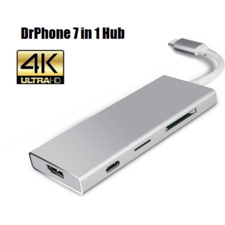 DrPhone 7 in 1 - Multi Adapter Hub (3x USB 3.0, 1x SD Kaart, 1x Micro SD kaart, 1x HDMI 4k, 1X USB C Power Delivery 100W) Geschikt voor o.a. Macbook Pro / Asus Zenbook / HP Spectre / Dell XPS / Lenovo Yoga / Surface Book 2 etc