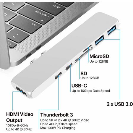 DrPhone 7 in 1 USB C Hub Adapter- Dual Type C dockingstation naar 40 Gbps Thunderbolt 3 - Dubbele USB 3.0 poorten-  4K 30 Hz HDMI - SD & MicroSD-kaartlezer- Ondersteunt 100W PD(power delivery) opladen voor 2016/2017/2018 MacBook Pro 13