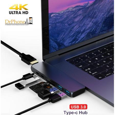 DrPhone 7 in 1 USB C Hub Type C Thunderbolt 3 - Dubbele USB 3.0 poorten - 4K HDMI - SD & MicroSD-kaartlezer- Ondersteunt 100W PD (power delivery) Space Grey