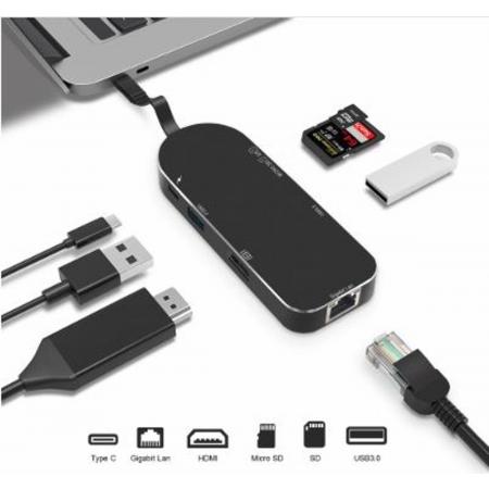 DrPhone 7in1 Type C HUB – 2x USB 3.0 – 4K HDMI Video Uitgang – Micro SD / SD – Ethernet LAN – Type C – RJ45 Gigabit Ethernet voor Macbook Pro – High Quality – Zwart