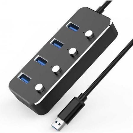 DrPhone AH1 Aluminium 4-poorten USB 3.0 Hub met Aan/Uit Schakelaars - 5Gbps - Splitter – met DC5V 3.5*1.35mm jack ingang (DC adapter niet ingebrepen)