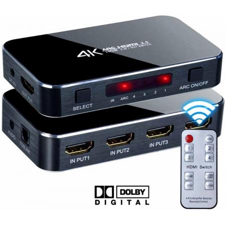 DrPhone Arc Series 4K HDMI HDR Switch 4in-1uit – HDR10 – 2.0 HDCP – 4K 60Hz – Afstandsbediening – 3D – Full HD 1080P – UHD – TV / PC – HDMI Switch – Audio – SPDIF – 3.5 Audio ondersteuning – Zwart