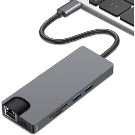 DrPhone COM2 - 8 in 1 hub - USB-C To Hdmi – Lan - Type-c – SD Card – USB 3.0 *2 – Hdmi – VGA – Tf/Sd Card - Zwart