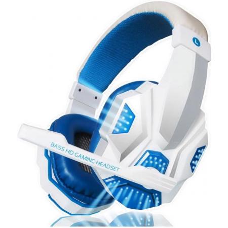 DrPhone GH5 Gaming Bedraade Headset met Aux – Koptelefoon met Microfoon en LED licht - Stereo Bass voor PC/Laptop/ PS4/Smartphones met aux aansluiting – Wit/Blauw