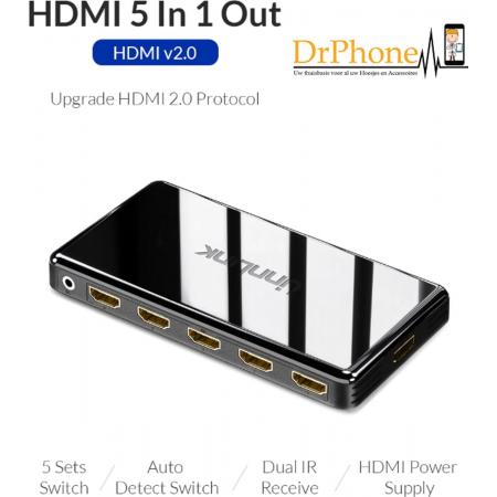 DrPhone HDMI Switch 5 Poort - 5 x 1 HDMI 2.0 UHD4K @ 60Hz /18 Gbps - Deep Color HDR HDCP 2.2 3D 5 in 1 Uit - Auto Switch - IR-afstandsbediening  - BREDE COMPATIBILITEIT – Zie beschrijving