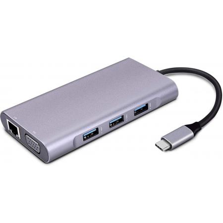 DrPhone MD3 USB C Hub 10 in 1 met Ethernet, 4K HDMI, VGA, PD Power Delivery 100W, 3 x USB 3.0 - Audio/Mic 3.5mm -SD / Micro SD-kaartlezer – Grijs
