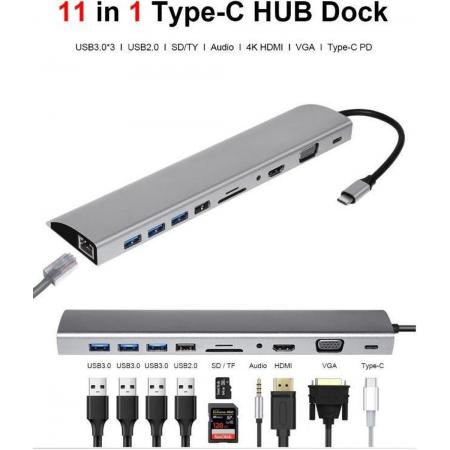DrPhone USB C Hub - Docking Station - 11 in 1 met Gigabit Ethernet- 4K HDMI, VGA, 3x USB3.0 – 1x USB2.0 – Micro SD / SD - USB-C PD 3.0 & Audio