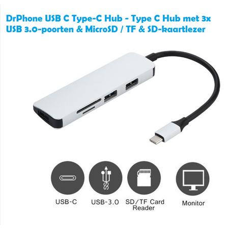 DrPhone USB C Type-C Hub - Type C Hub met 3x USB 3.0-poorten & MicroSD / TF & SD-kaartlezer (zilver, zwart)