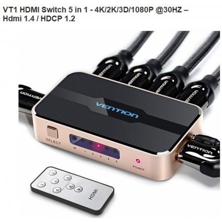 DrPhone VT1 HDMI Switch 5 in 1 - 4K/2K/3D/1080P @30HZ – Hdmi 1.4 / HDCP 1.2 met afstandsbediening & Audio/Video Sync
