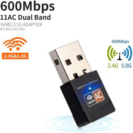 DrPhone W3 USB Draadloze Dual Band 2.4 GHz / 5 GHz WiFi-adapter (600 Mbps Ultra FAST) Superspeed Mini WiFi-Dongle voor o.a  Desktop /Laptop /PC Windows 10/8/7 MAC OS / Kali Linux/ ODROID 600mbps