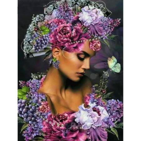 Diamond Painting - Mooie dame in  bloemen en fruit gehuld - 40x50 cm - Vierkante steentjes - Volledige bedekking - Inclusief tools.