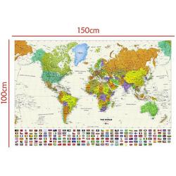Grote Wereldkaart - Landkaart - Schoolkaart  - Schoolplaat - Atlas 150 x 100 CM - Wanddecoratie - Extra Groot - Kwaliteit - Design - Poster - Om aan de muur te hangen - Wereld Kaart - Land Kaart - Continenten