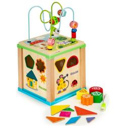 Ecotoys duurzame houten educatieve activiteiten kubus - Met bord om te schrijven - Educatief speelgoed - Montessori speelgoed - 18 x 18 x 33 cm
