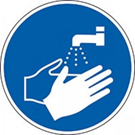 Gebodssticker Handen wassen verplicht, ISO 7010, Ø 200 mm