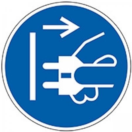 Gebodssticker Stekker uit stopcontact trekken, ISO 7010, Ø 100 mm