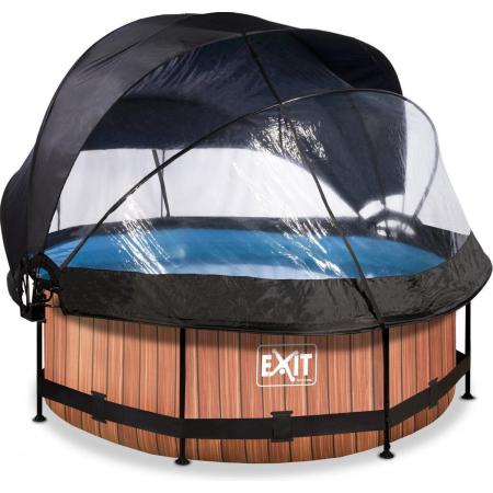 EXIT Wood zwembad ø244x76cm met overkapping, schaduwdoek en filterpomp - bruin