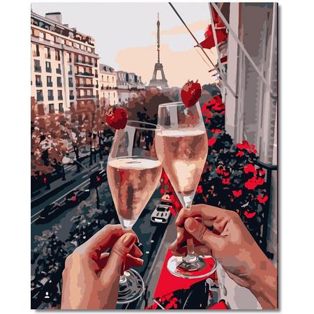 Champagne in Parijs - Schilderen op Nummer 50x40cm met Houten frame