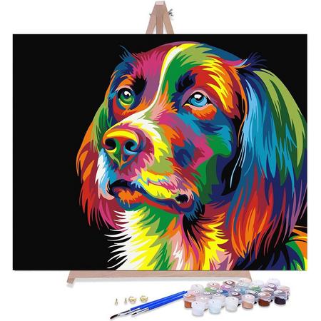 Gekleurde Hond - Schilderen op Nummer 50x40cm met Houten frame