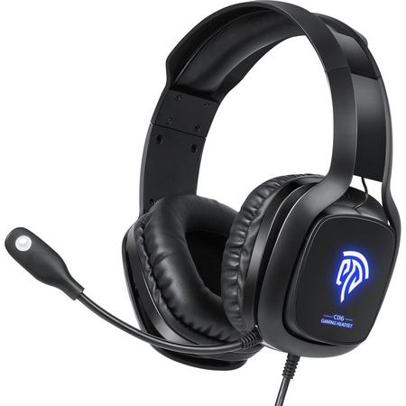 EasySMX C06-Blue, Over-ear gaming headset met microfoon, RGB LED verlichting, 7.1 Surround sound, zwart/ blauw