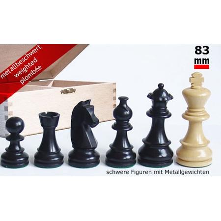 verzwaarde schaakstukken, koningshoogte 83mm, met houten kistje