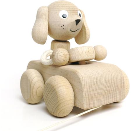 Trekfiguur auto met hond blank hout
