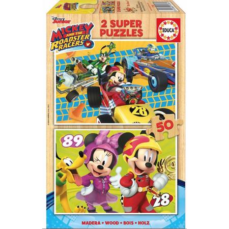 Educa HOUT puzzel Mickey en de racers 2 x 50 stukjes