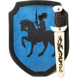 Houten Dolk met schede en Schild Blauw ridder te paard