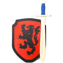 Houten struikrover zwaard en Schild rood met zwarte leeuw